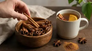 Mano che prende un bastoncino di cannella da una ciotola accanto a una tazza di infuso con arancia