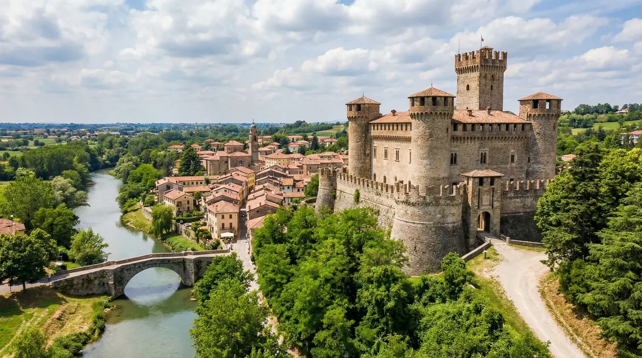 Castello medievale affacciato su un fiume circondato da un borgo antico e colline verdi
