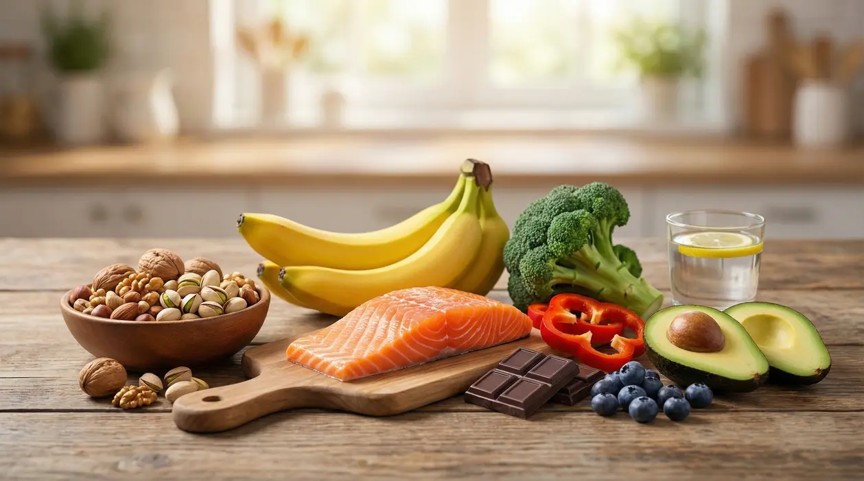 Alimenti antistress su un tavolo: avocado, salmone, frutta secca, banana, cioccolato, broccoli e mirtilli
