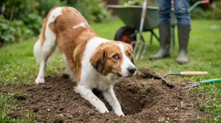 Cane che scava una buca in giardino vicino a una persona con attrezzi da giardinaggio