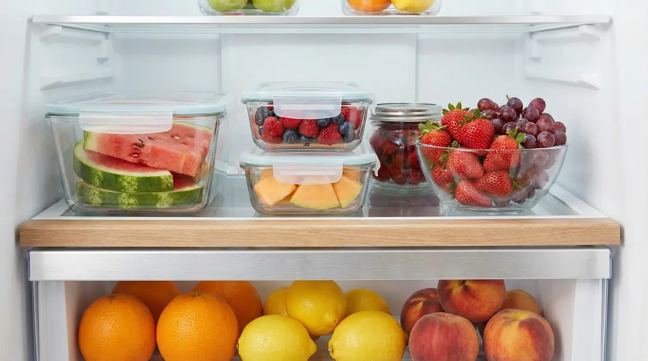 Frutta fresca conservata in contenitori di vetro all'interno di un frigorifero aperto