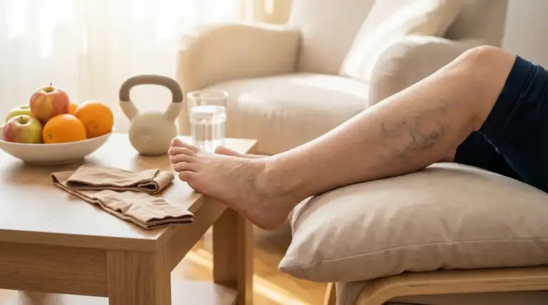 Gamba con vene varicose sollevata su un cuscino accanto a calze contenitive su un tavolo