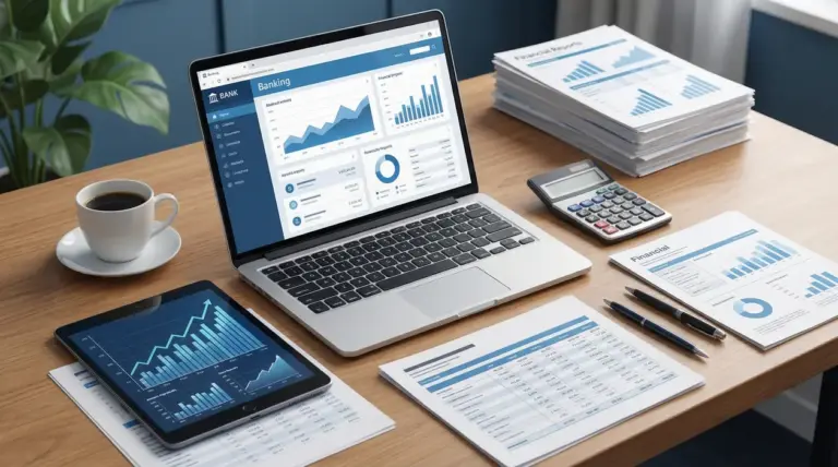 Scrivania con laptop, tablet, documenti finanziari, calcolatrice e tazza di caffè