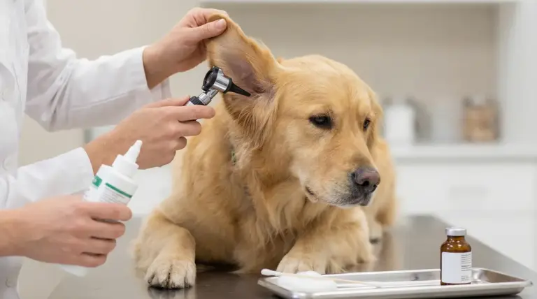 Veterinario controlla l'orecchio di un cane con uno strumento otoscopico