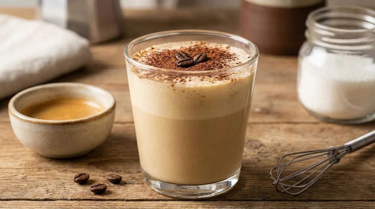 Bicchiere di crema caffè con cacao e chicchi di caffè su tavolo rustico