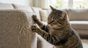 Gatto tigrato che graffia il bracciolo di un divano rovinato