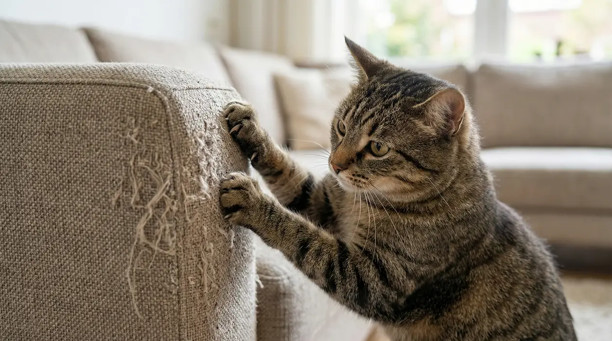 Gatto tigrato che graffia il bracciolo di un divano rovinato