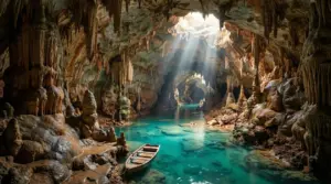 Interno di una grotta con formazioni rocciose e acqua cristallina, illuminata da raggi di luce naturale