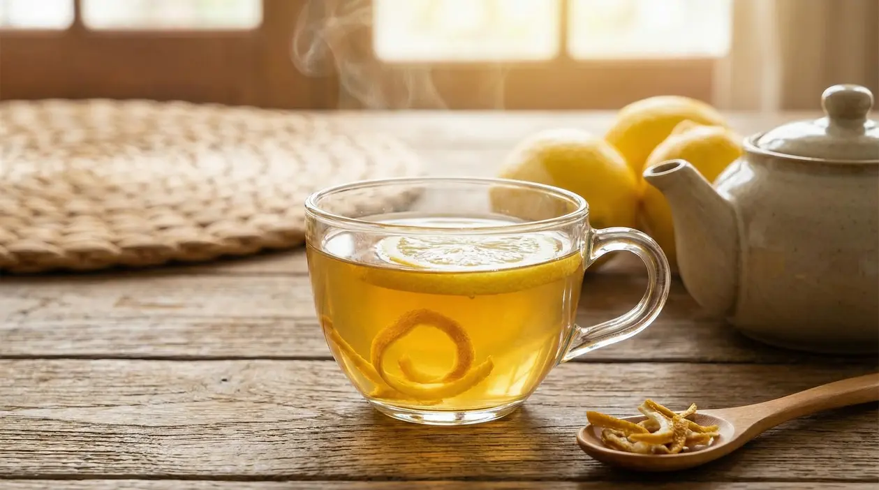 Tazza di tè caldo con scorza di limone su un tavolo di legno accanto a una teiera