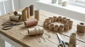Rotoli di carta igienica riciclati su un tavolo con forbici, spago e materiali per il fai da te