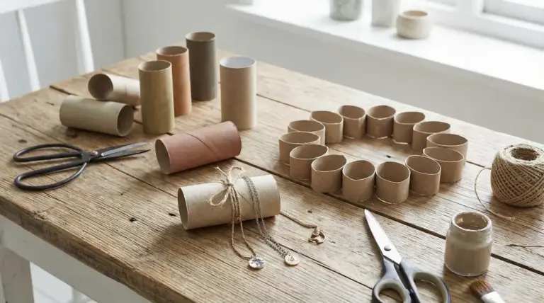 Rotoli di carta igienica riciclati su un tavolo con forbici, spago e materiali per il fai da te