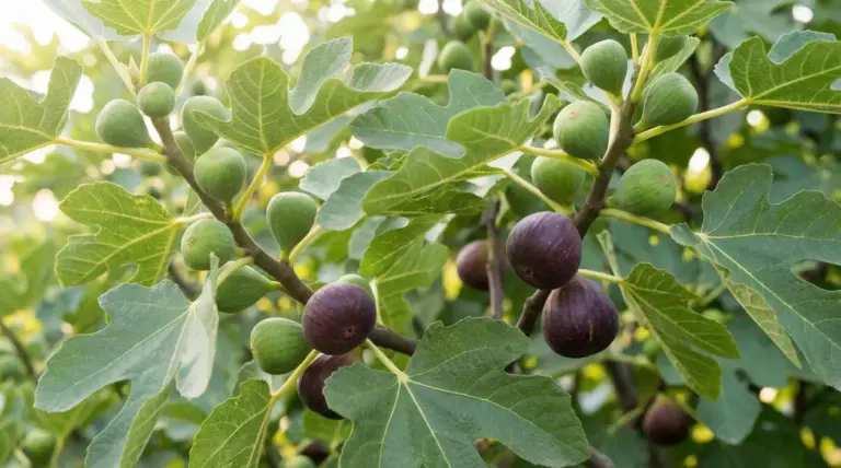 Rami di fico con frutti maturi e foglie verdi in un giardino soleggiato