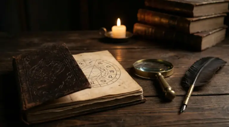 Vecchio libro di astrologia con simboli zodiacali, lente d'ingrandimento e candela su tavolo di legno