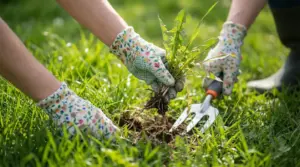 Mani con guanti da giardinaggio rimuovono erbacce dal prato con una piccola zappa