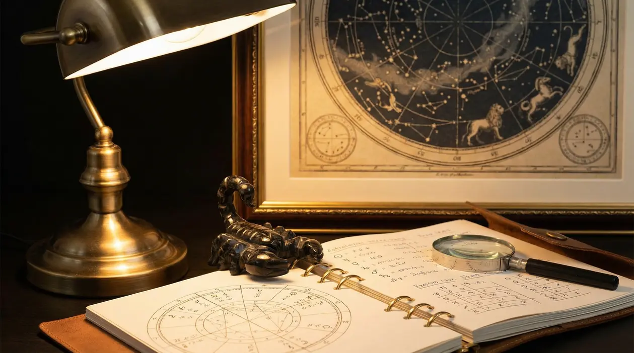 Scrivania con oggetti astrologici, mappa zodiacale, quaderno aperto, lente d'ingrandimento e statuetta di scorpione