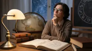 Persona pensierosa seduta a una scrivania con libri e diagrammi astrologici