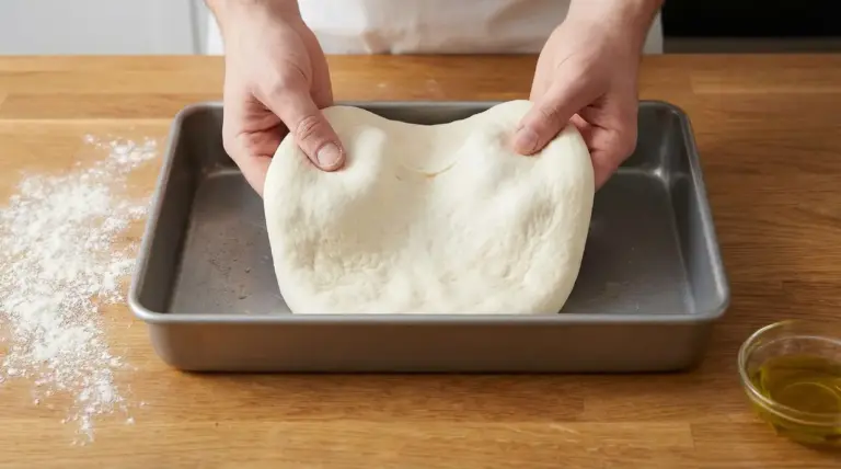 Una persona stende l'impasto della pizza in una teglia di metallo su un tavolo di legno