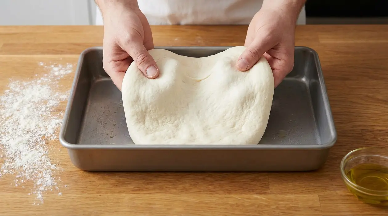 Una persona stende l'impasto della pizza in una teglia di metallo su un tavolo di legno
