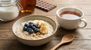 Ciotola di avena con mirtilli e banane accanto a una tazza di tè caldo su un tavolo di legno