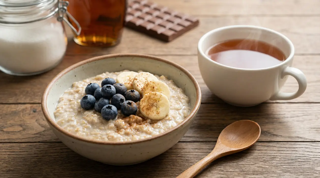 Ciotola di avena con mirtilli e banane accanto a una tazza di tè caldo su un tavolo di legno