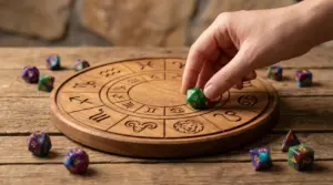 Mano che posiziona un dado su una tavola circolare con simboli zodiacali incisi