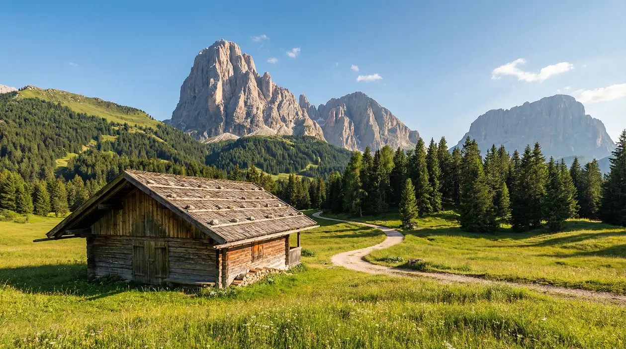 Casetta di legno in un prato di montagna con vista su alte vette rocciose e boschi