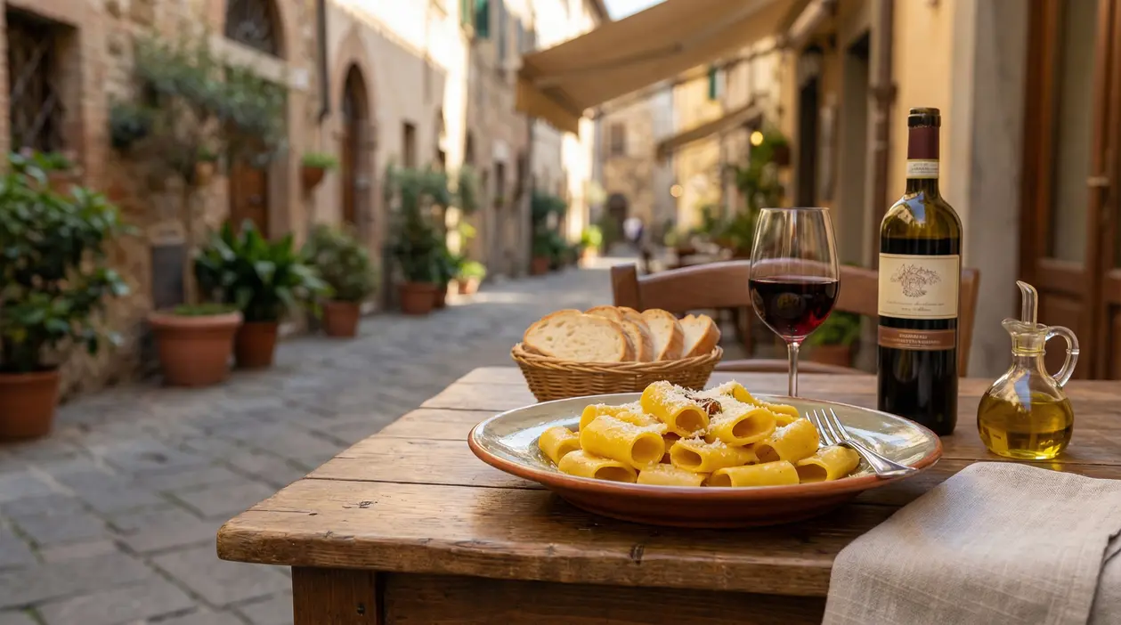 Un piatto di pasta, pane, vino e olio su un tavolo all'aperto in una via italiana pittoresca