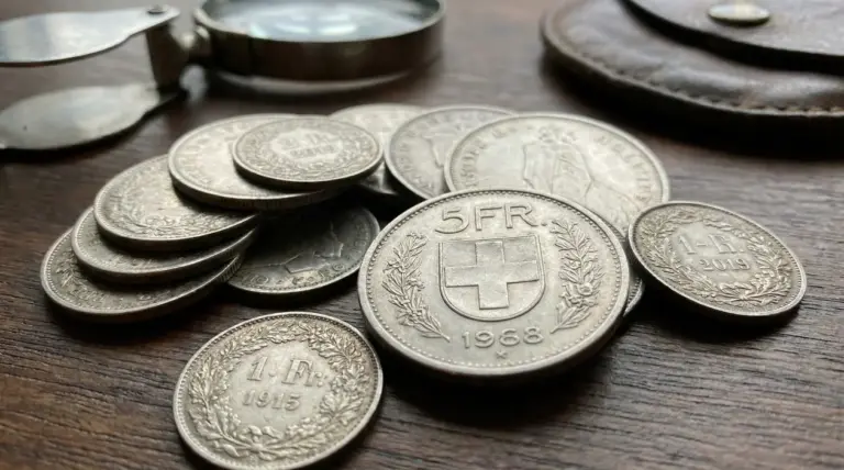 Monete svizzere in argento di diversi tagli su un tavolo in legno