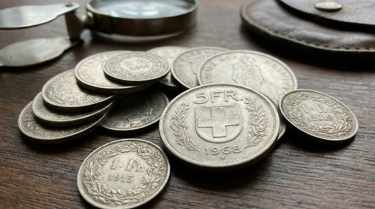 Monete svizzere in argento di diversi tagli su un tavolo in legno
