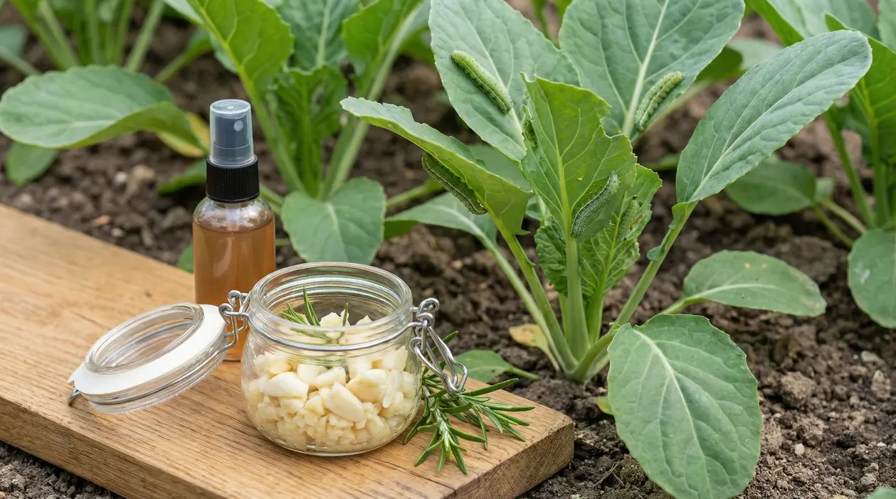 Bruchi su piante da orto con barattolo di aglio e spray naturale su un asse di legno