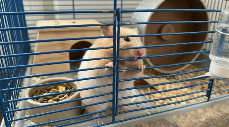 Criceto che morde le sbarre della gabbia all'interno del suo recinto