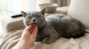 Gatto grigio rilassato mentre viene accarezzato sotto il mento su un divano