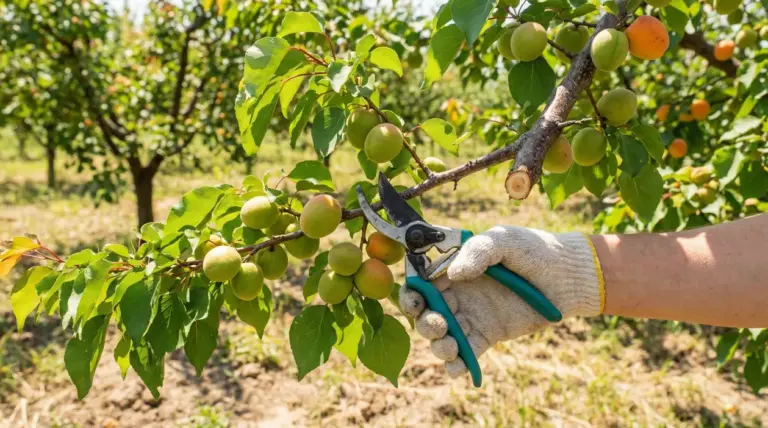 Mano con guanto pota un ramo di albicocco con frutti acerbi in un frutteto