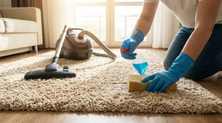 Persona pulisce un tappeto peloso con guanti, aspirapolvere e detergente spray