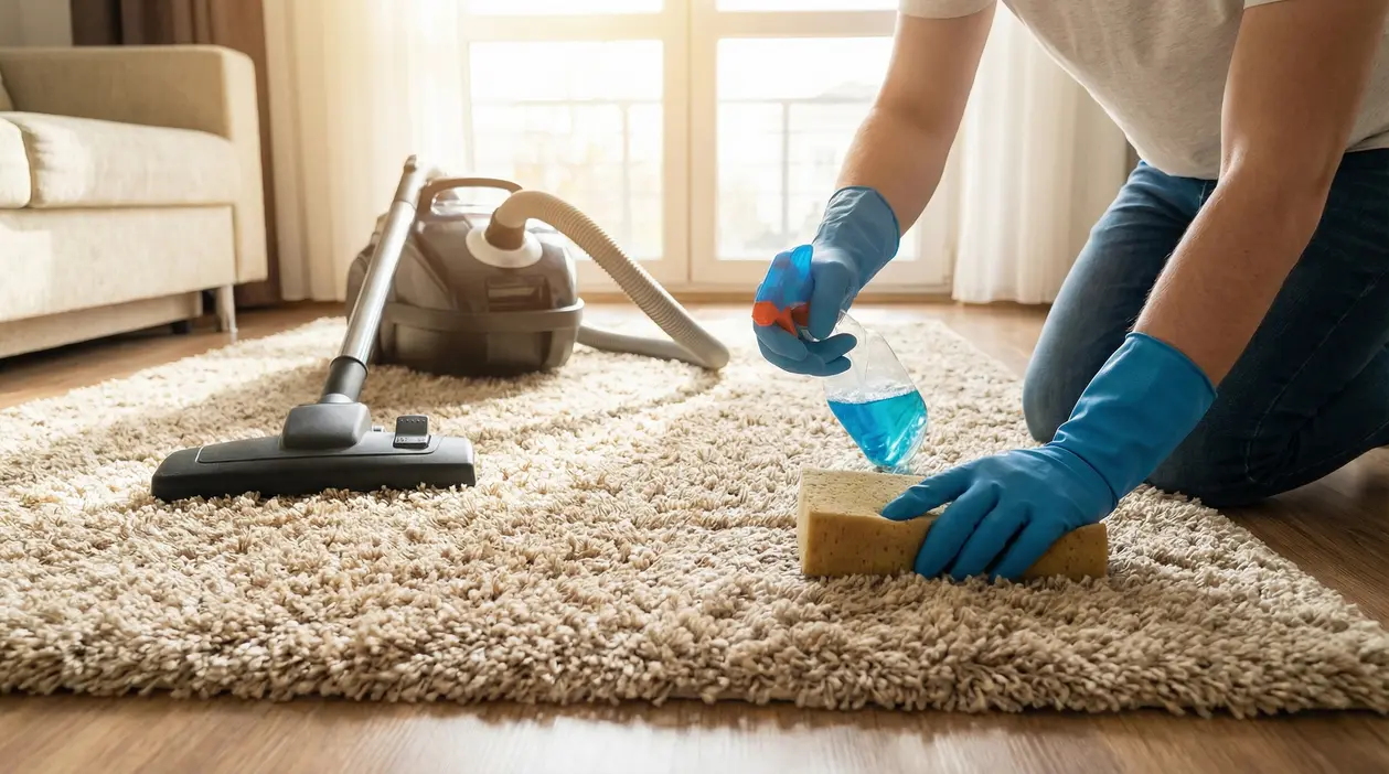 Persona pulisce un tappeto peloso con guanti, aspirapolvere e detergente spray