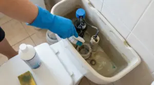 Pulizia interna di una cassetta del WC con spazzola e guanti protettivi