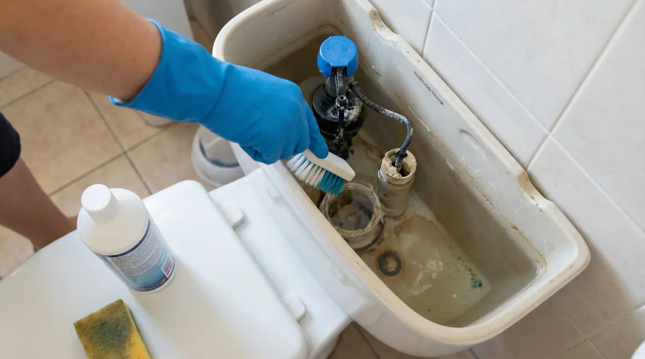 Pulizia interna di una cassetta del WC con spazzola e guanti protettivi