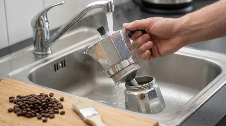 Una moka viene lavata sotto l'acqua corrente in un lavandino da cucina