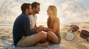 Persone sedute sulla spiaggia al tramonto con simboli zodiacali sullo sfondo