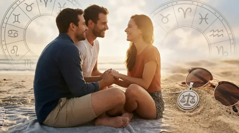 Persone sedute sulla spiaggia al tramonto con simboli zodiacali sullo sfondo