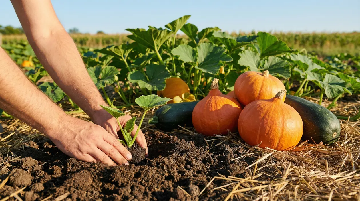 Mani che piantano una giovane piantina di zucca accanto a zucche mature in un orto soleggiato