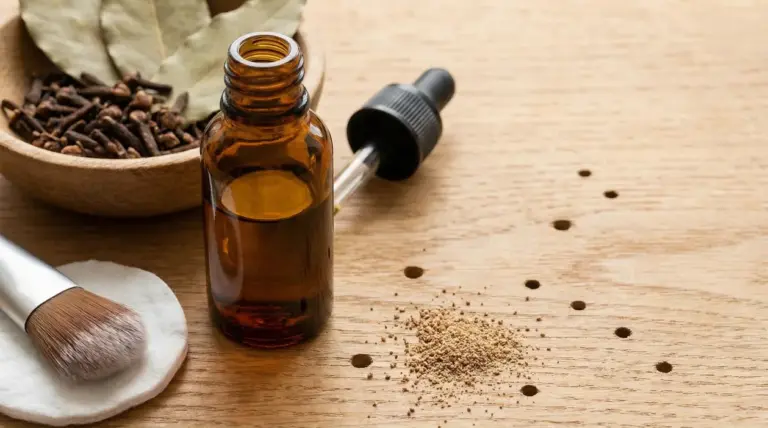 Olio essenziale e spezie naturali su tavola in legno con fori da tarli