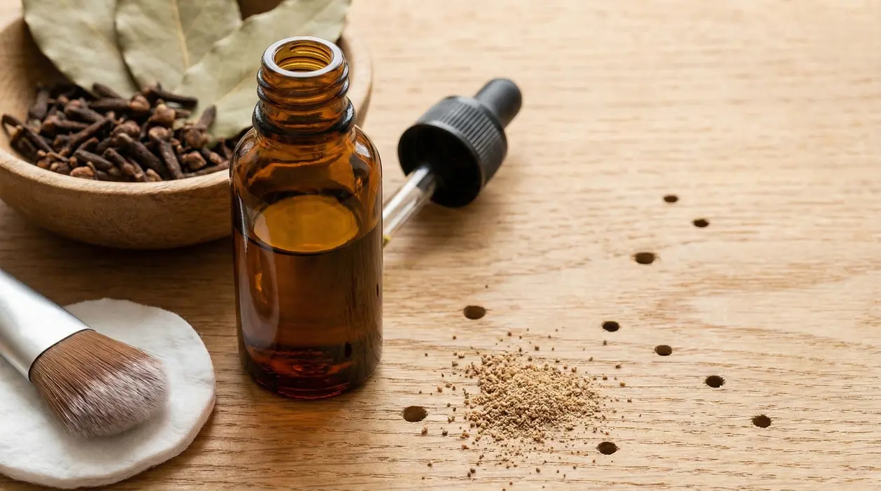 Olio essenziale e spezie naturali su tavola in legno con fori da tarli