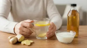 Una persona con una tazza di infuso al limone accanto a zenzero, yogurt e una bottiglia di liquido ambrato