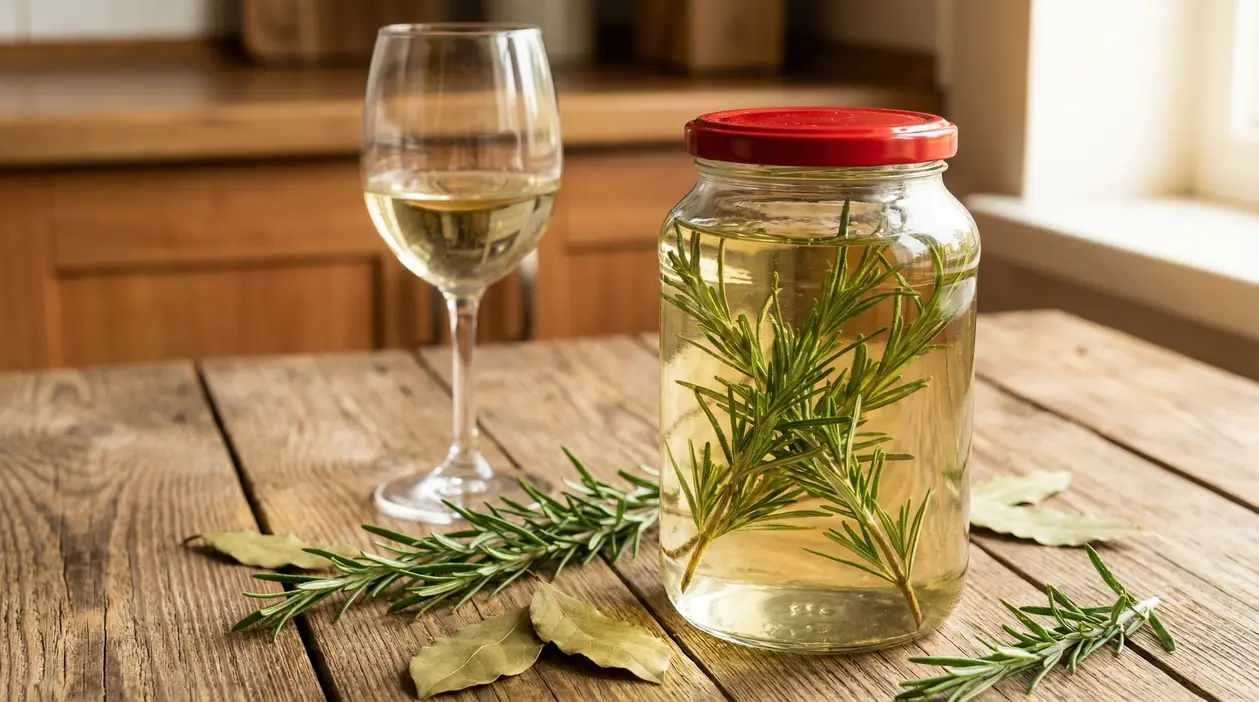 Vaso con rosmarino immerso nel vino bianco su un tavolo di legno accanto a un bicchiere e spezie