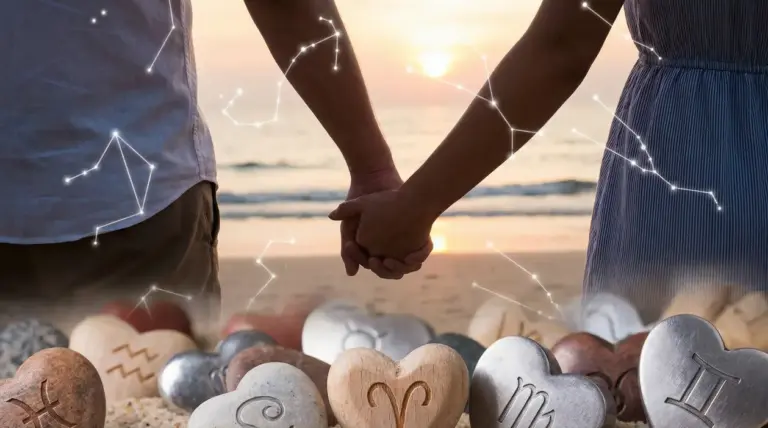 Due persone si tengono per mano sulla spiaggia al tramonto con simboli zodiacali su cuori di pietra