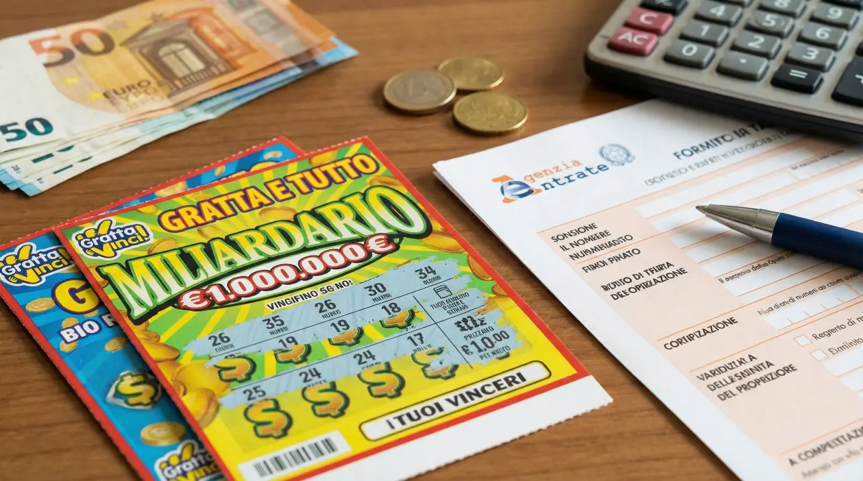 Gratta e vinci, contanti, modulo dell'Agenzia delle Entrate e calcolatrice su un tavolo
