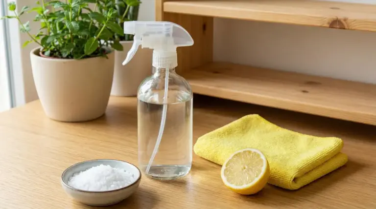 Spray con limone, sale e panno in microfibra su tavolo di legno vicino a una pianta