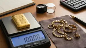 Lingotto d'oro da 100 grammi su bilancia digitale accanto a gioielli in oro usato