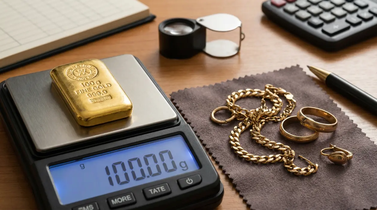 Lingotto d'oro da 100 grammi su bilancia digitale accanto a gioielli in oro usato